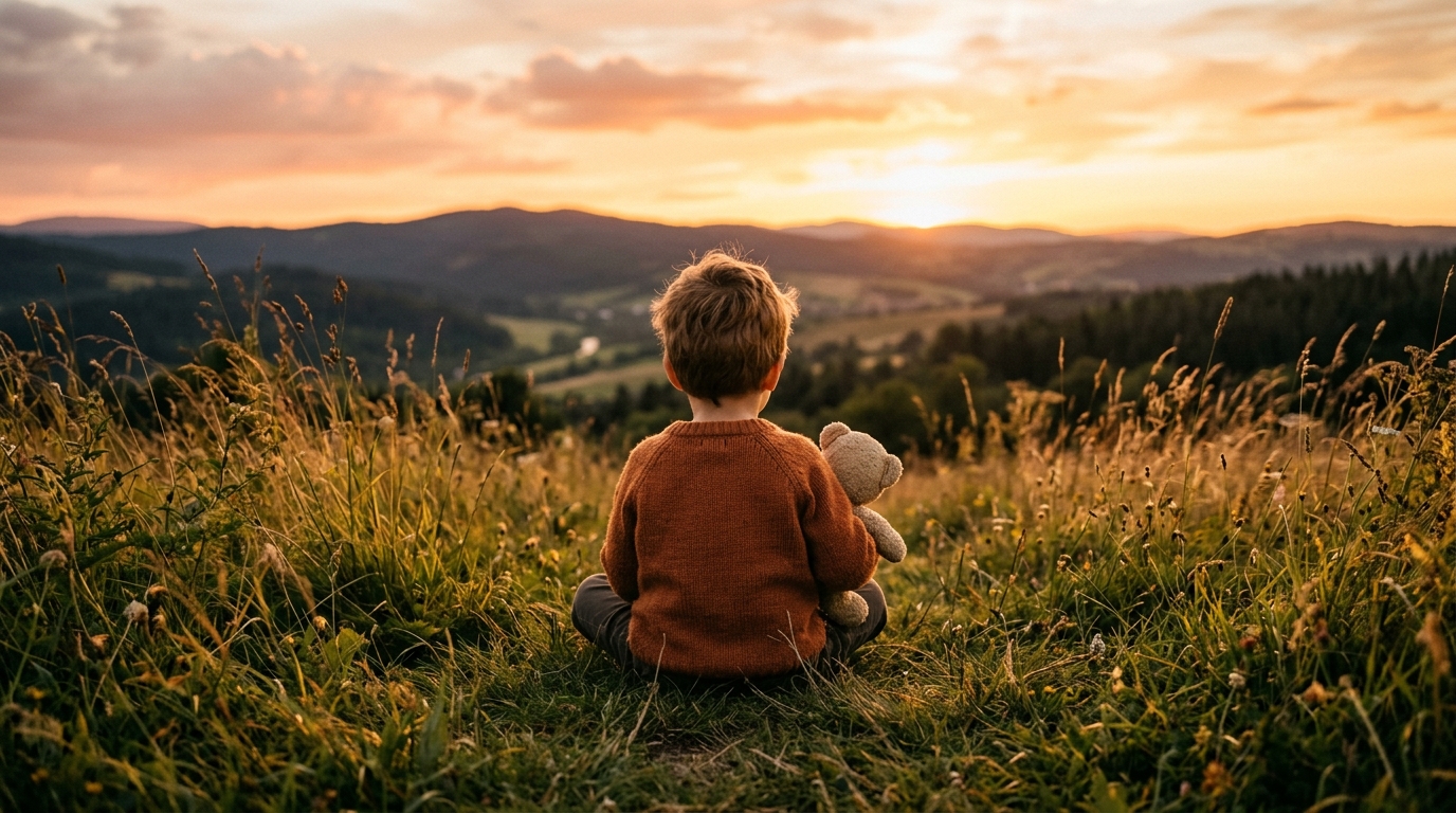 Young boy watching sunset